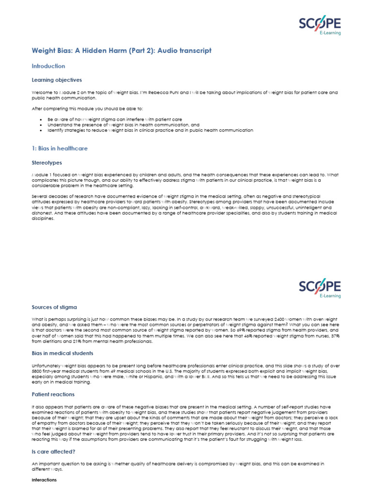 Reducing Weight Bias in Healthcare | PDF | Obesity | Social Stigma