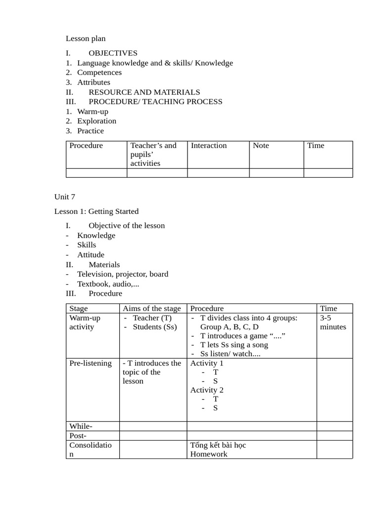 Lesson Plan for Unit 7: Getting Started | PDF