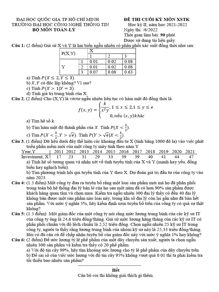 De Thi CK XSTK Nam Hoc 2021-2022 | PDF