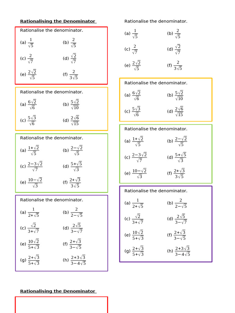 Rationalising the Denominator Practice Strips | PDF