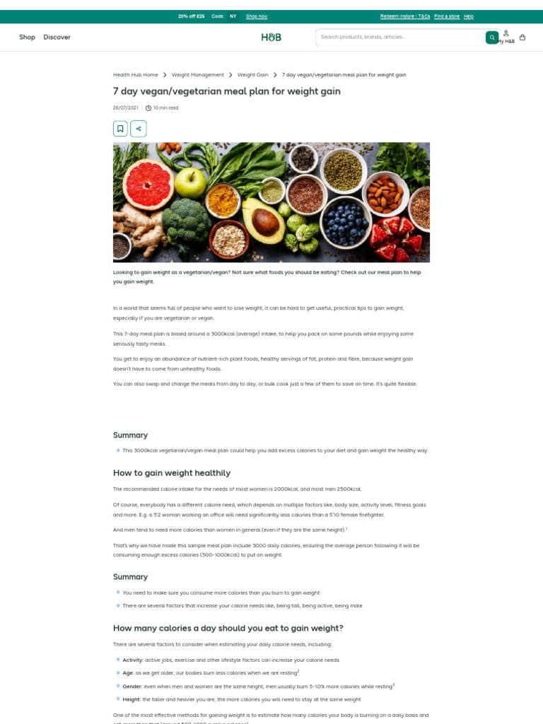 7-Day Vegan Meal Plan for Weight Gain | PDF | Dieting | Foods