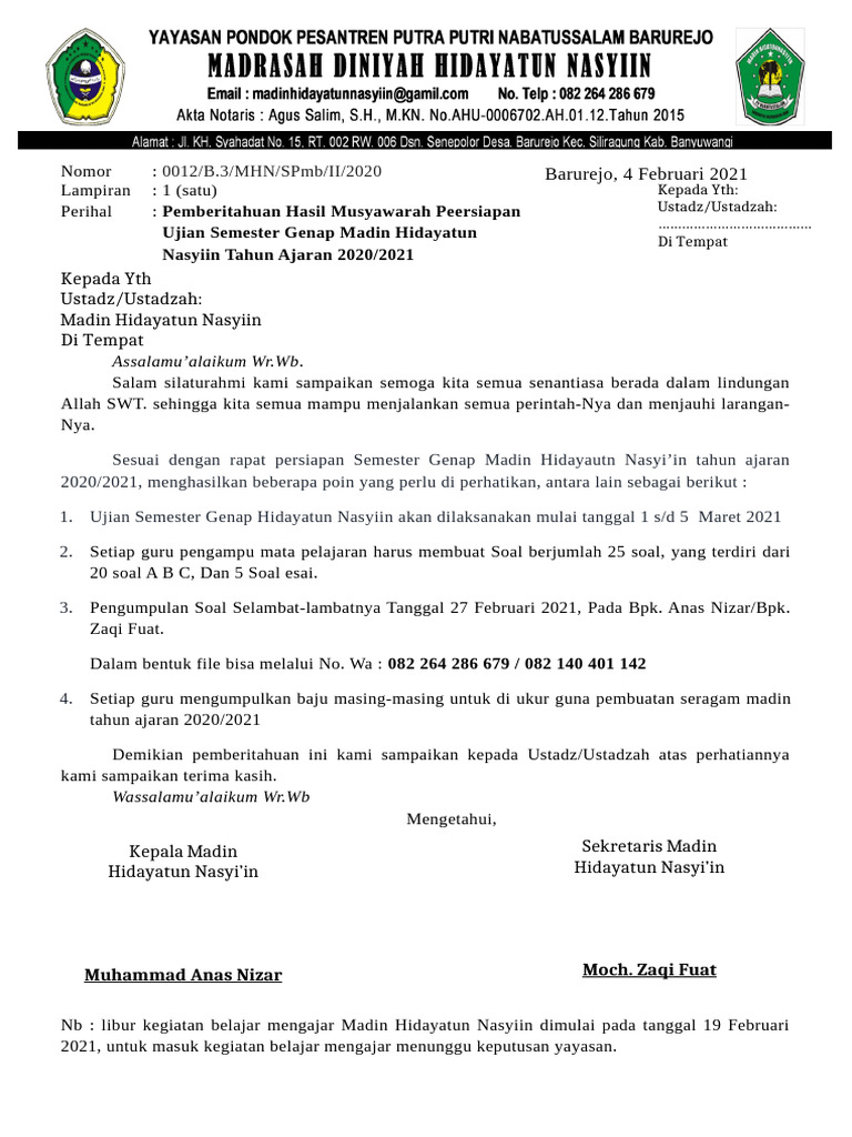 Surat Pemberitahuan Hasil Rapat Madin Semester Genap 2020-2021 | PDF