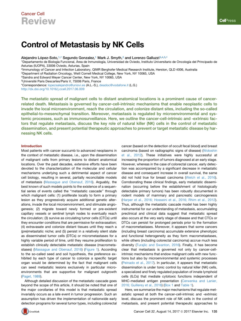 Control of Metastasis by NK Cells 2017 Cancer Cell | PDF | Metastasis ...