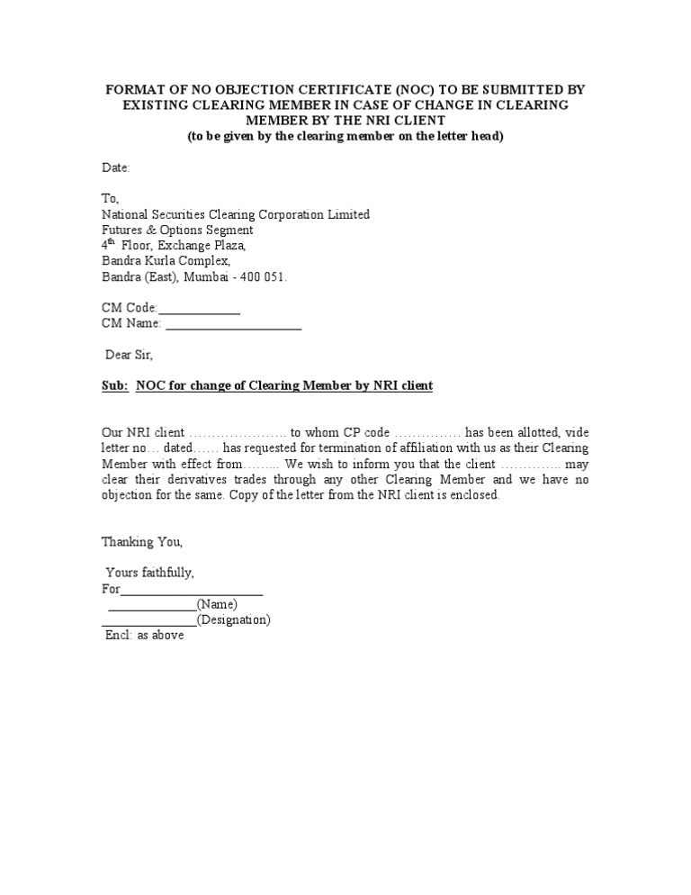 NOC Format for NRI Client's Clearing Member Change | PDF | Law