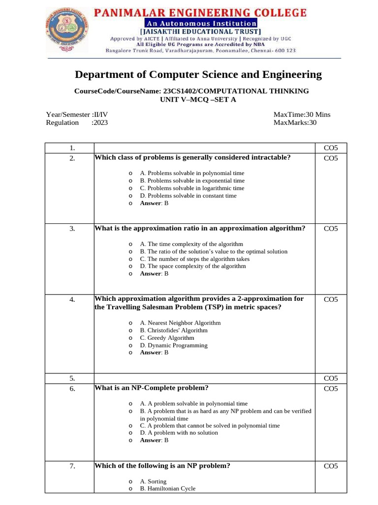 Computational Thinking MCQs on NP Problems | PDF | Time Complexity ...