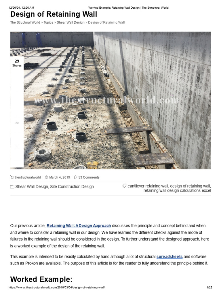 Worked Example of Retaining Wall Design | PDF | Weight | Applied And ...
