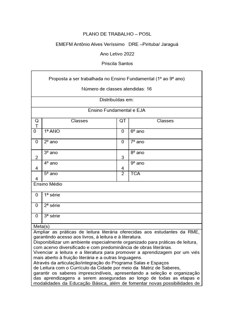 Plano de Trabalho - EMEFM Antônio Alves Veríssimo | PDF | Pedagogia ...