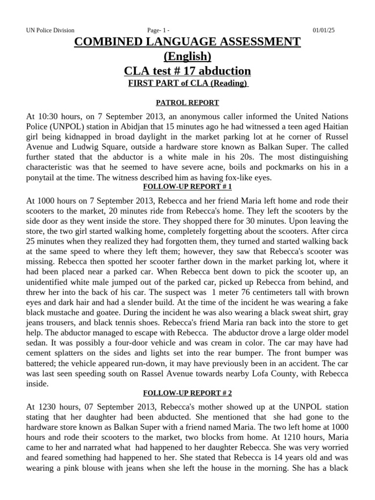 CLA Test # 17 Abduction-1 | PDF | Crimes | Crime & Violence
