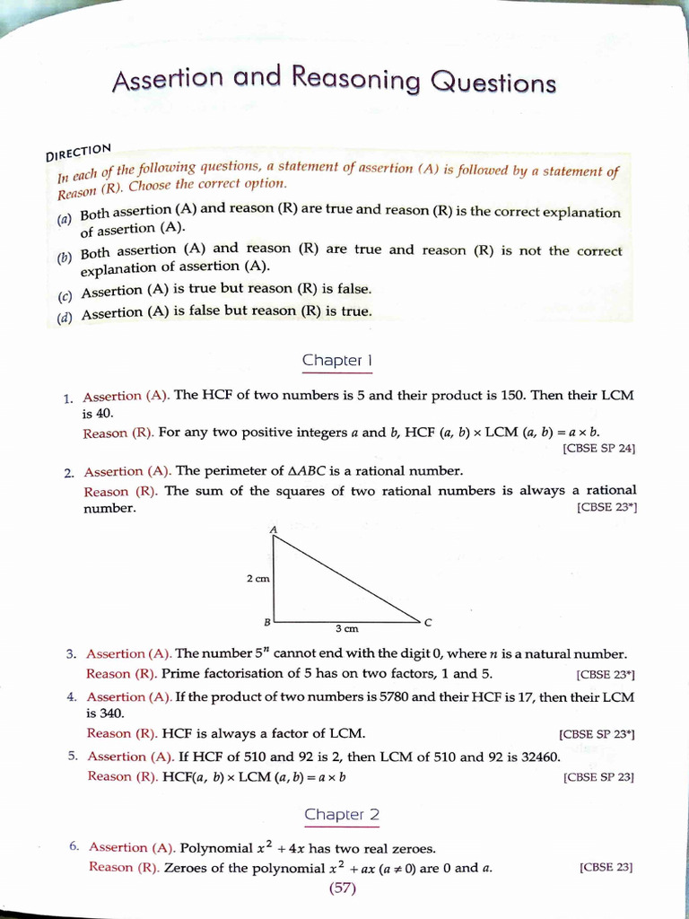 Assertion Reasoning Class X | PDF | Mathematics | Elementary Mathematics