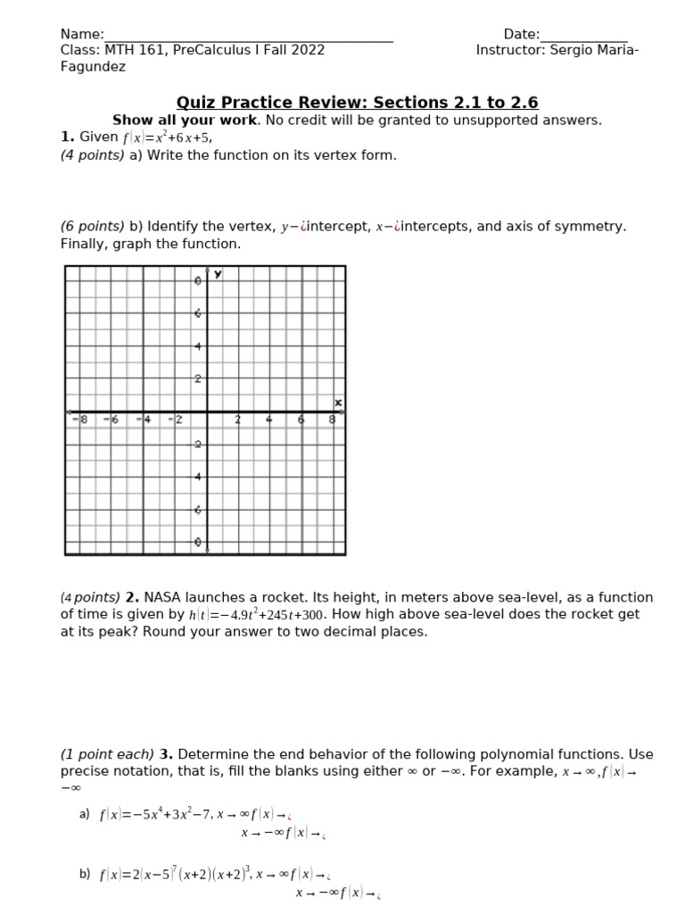 PreCalculus I Quiz Review: Functions & Graphs | PDF | Theoretical ...