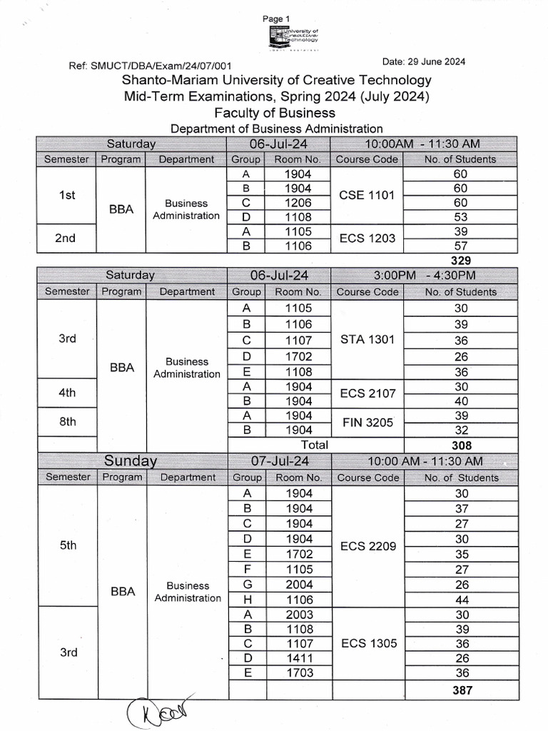 Spring 24 Mid Term Exam Schedule (BBA) | PDF