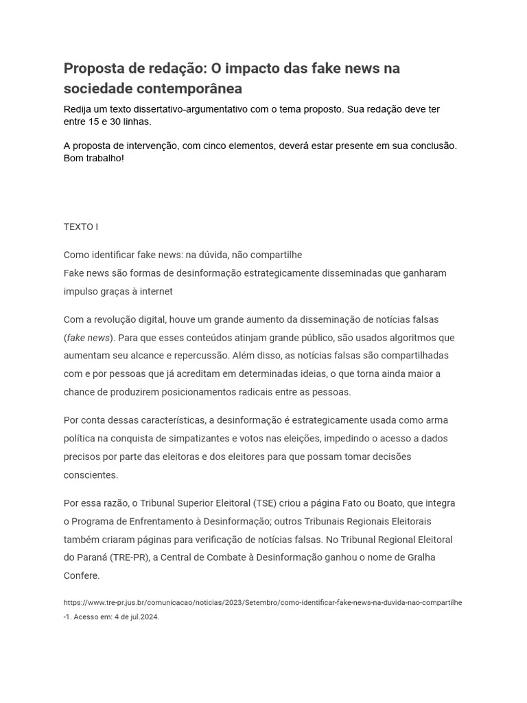 Proposta de Redação: Fake News | PDF