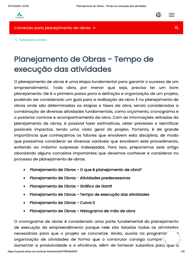 Tempo de Execução de Obras | PDF