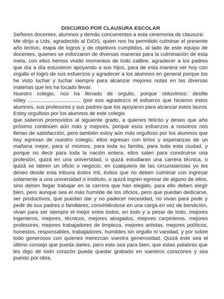 Discurso de Clausura Escolar 2023 | PDF