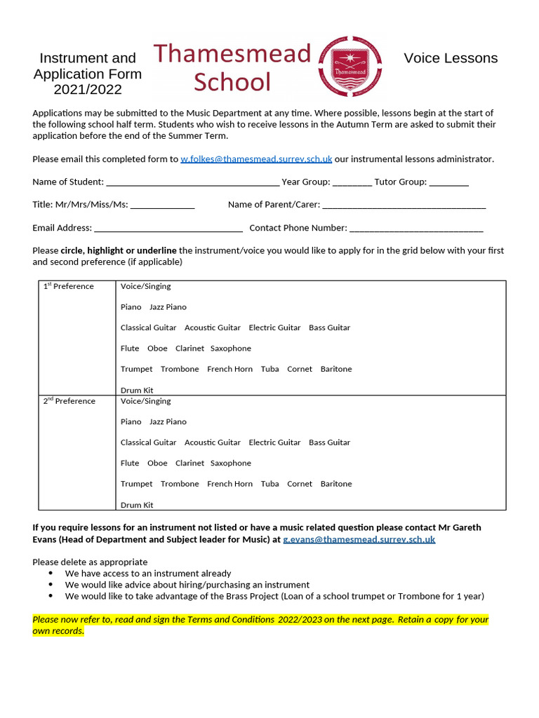 Instrument and Voice Lessons Application | PDF | Musical Instruments ...