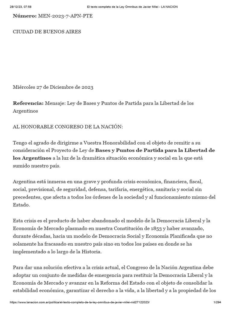 El Texto Completo de La Ley Ómnibus de Javier Milei | PDF ...