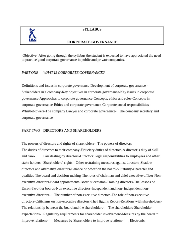 Corporate Governance Syllabus Overview | PDF | Corporate Governance ...