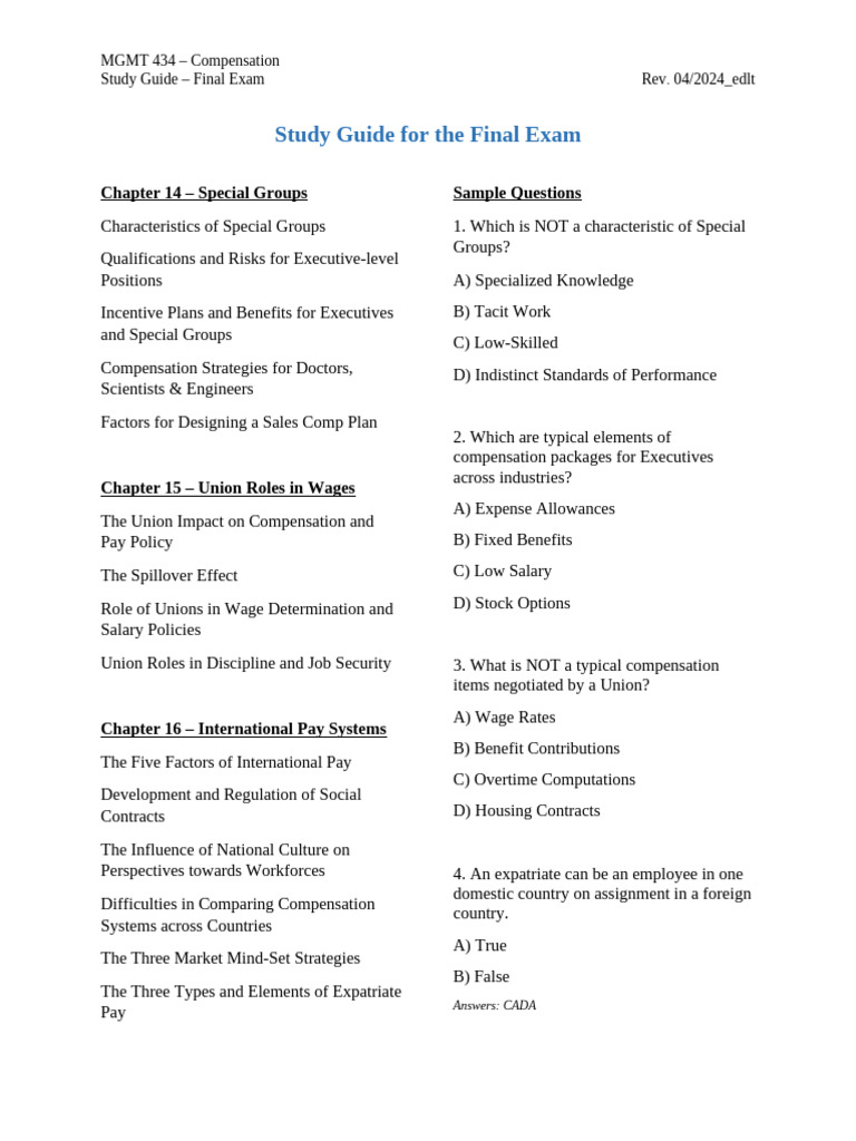 Compensation Study Guide for MGMT 434 | PDF | Salary | Equal Pay For ...