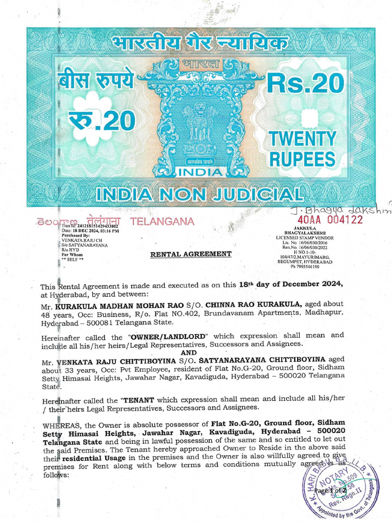 Venkata Raju Rental Agreement | PDF