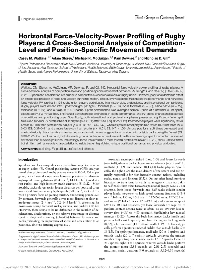 Rugby Players' Force-Velocity Profiles | PDF | Analysis Of Variance | Force