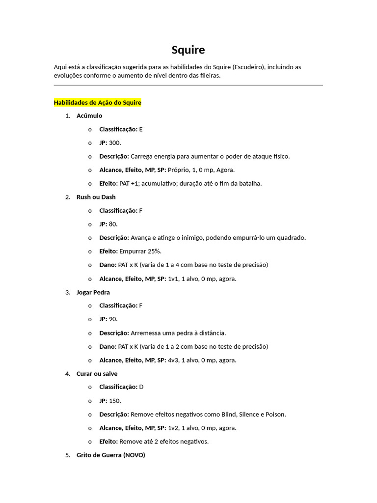 Habilidades do Squire em Detalhes | PDF
