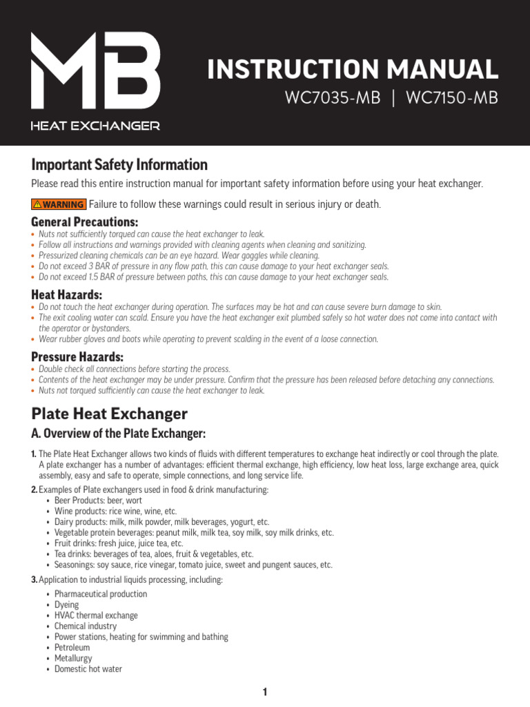 Plate Heat Exchanger Instruction Manual | PDF | Heat Exchanger | Fluid ...