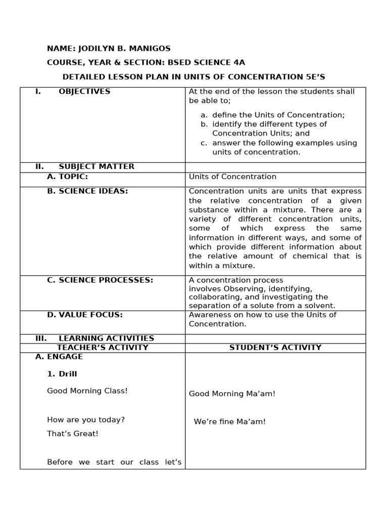 Detailed Lesson Plan: Units of Concentration | PDF | Concentration ...