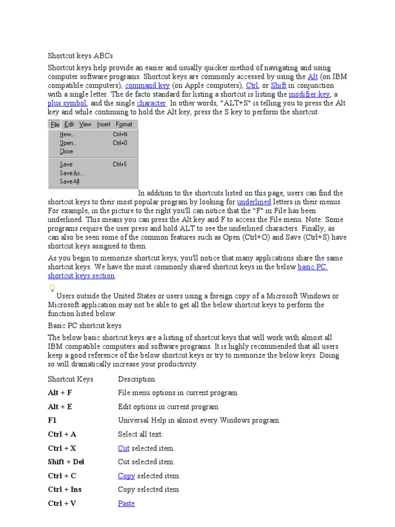 Shortcut Keys ABCs | PDF | Keyboard Shortcut | Tab (Gui)