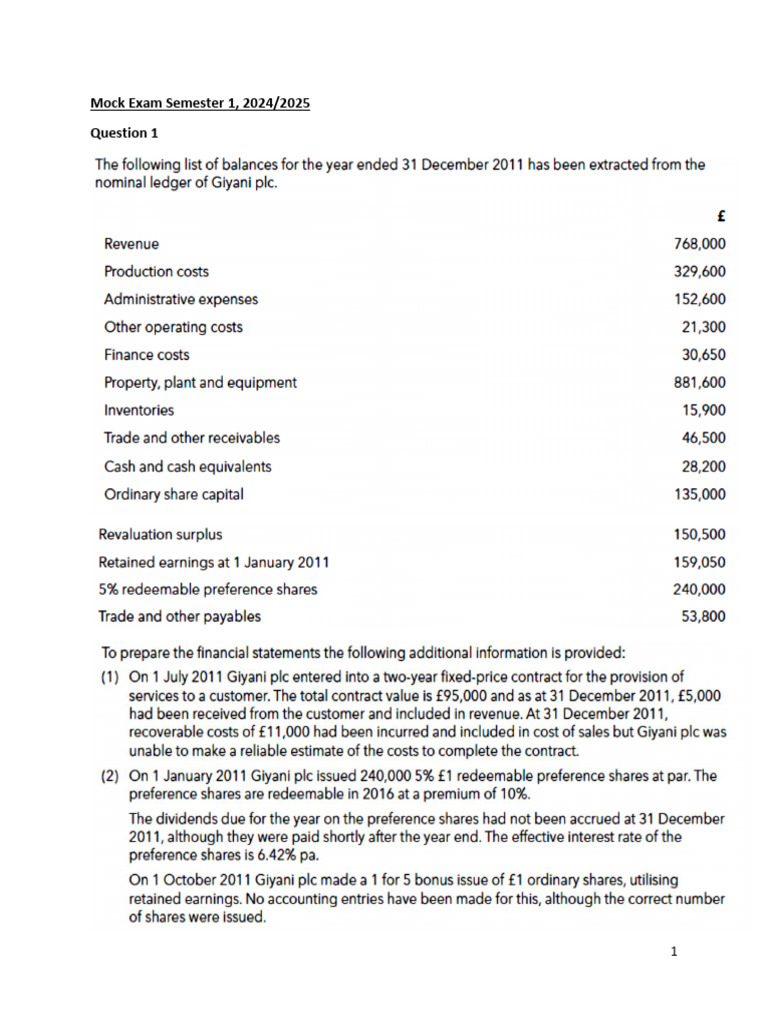 Mock Exam Semester 1 20242025 | PDF | Preferred Stock | Revenue