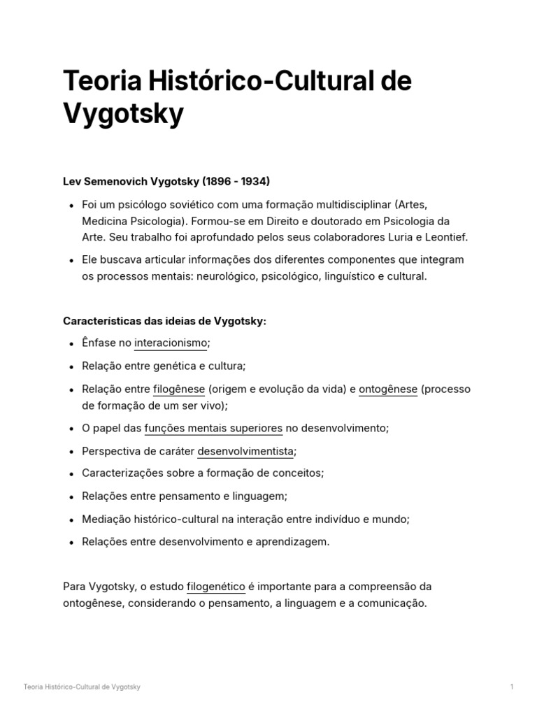 Teoria Histórico-Cultural de Vygotsky | PDF | Aprendizado | Pensamento