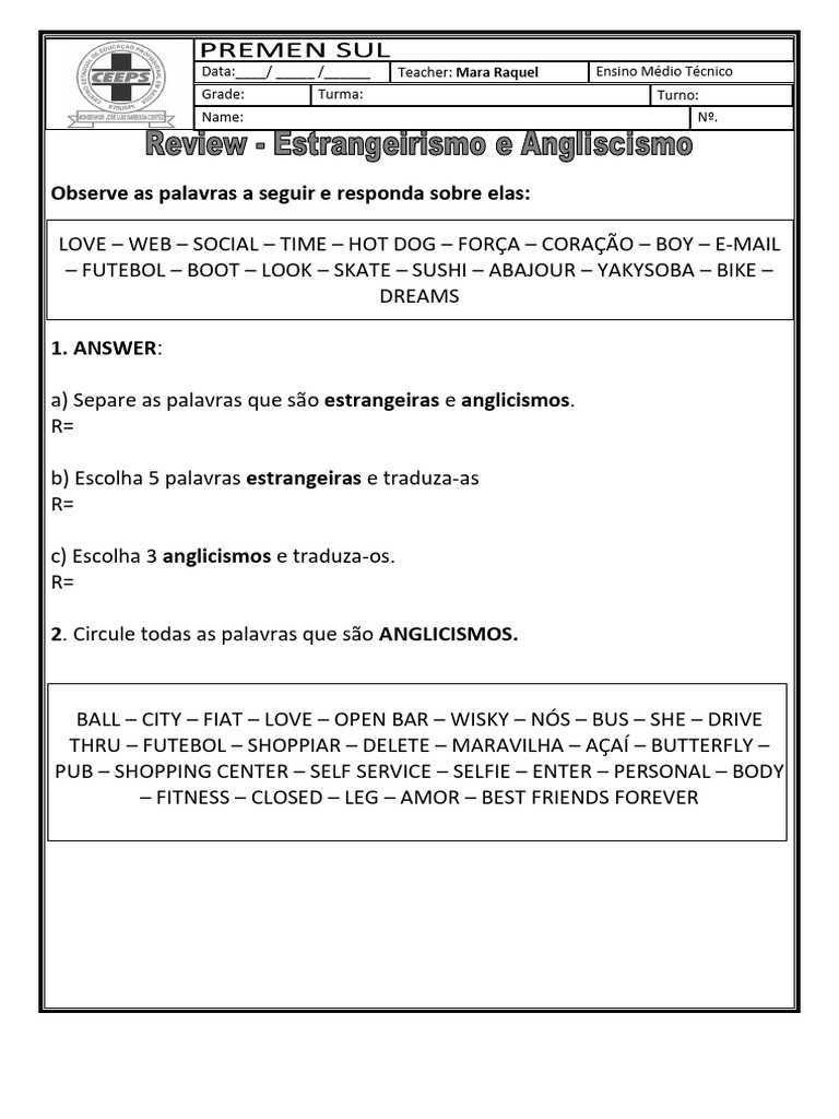 PREMEN 1o Ano Review Estrangeirismo e Anglicismo A 240411 084516 | PDF