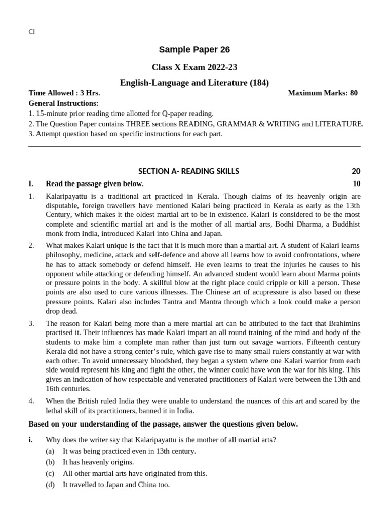 CBSE Class X English Sample Paper 26 | PDF