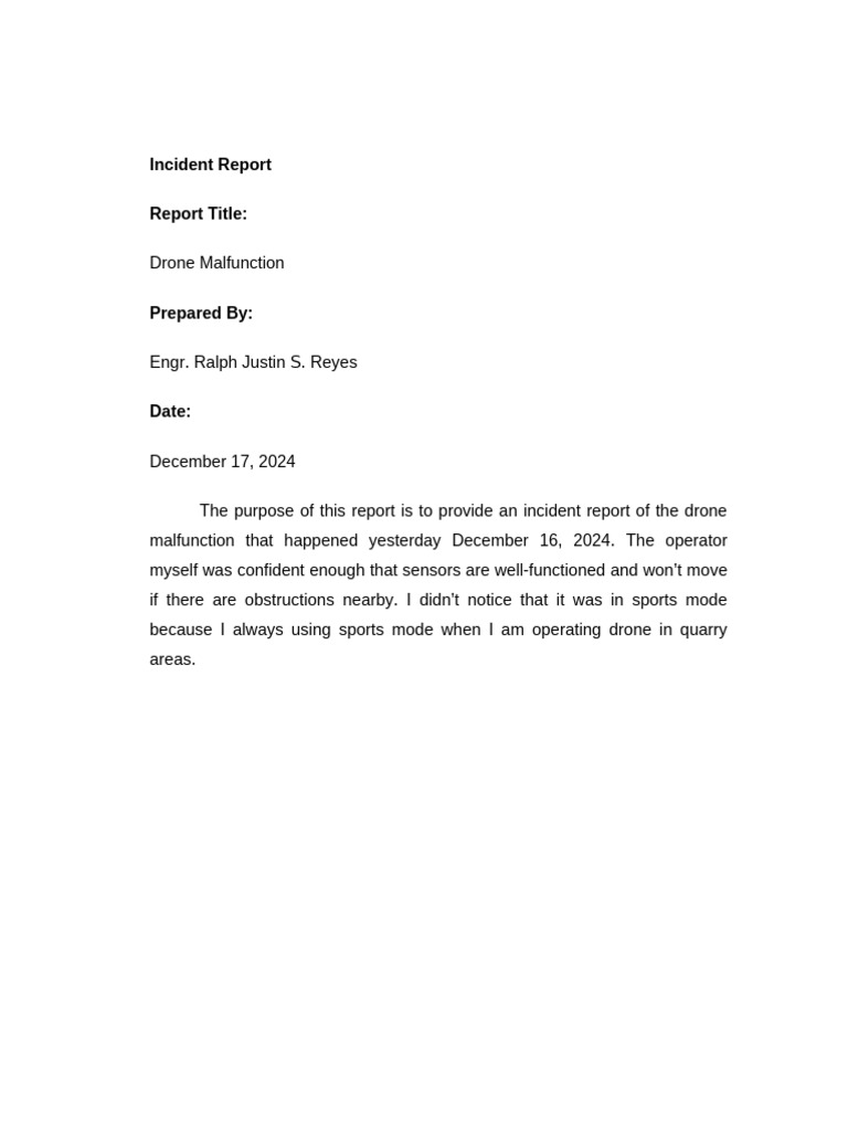 Drone Malfunction Incident Report | PDF