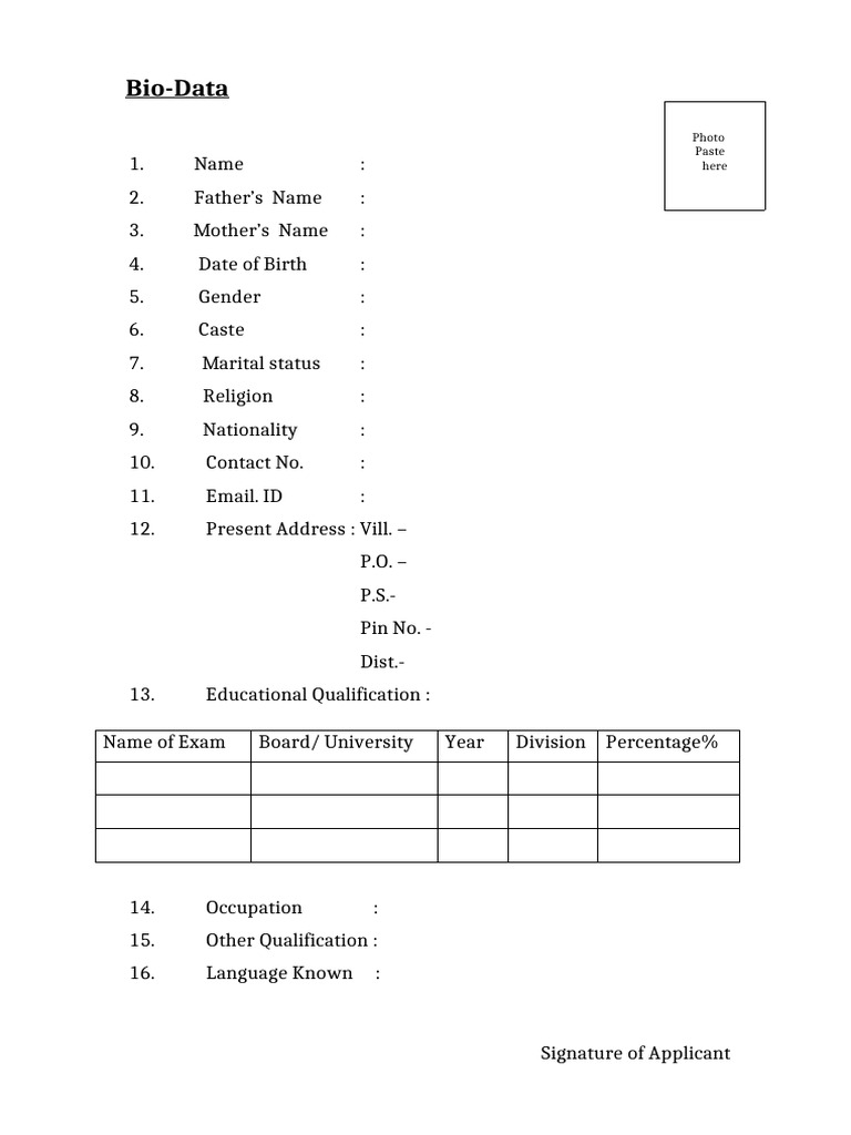 Bio- Data Form | PDF