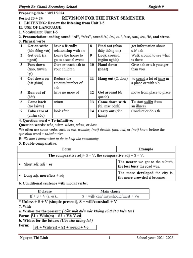 English 9 Semester 1 Revision Guide | PDF | Linguistics | Grammar