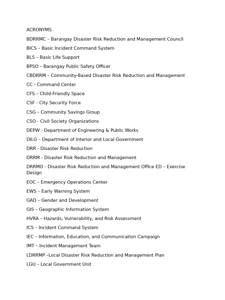 Disaster Risk Management Acronyms List | PDF