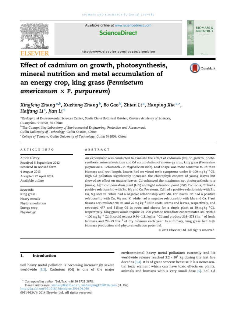 Effect of Cadmium On Growth, Photosynthesis, Mineral Nutrition and ...