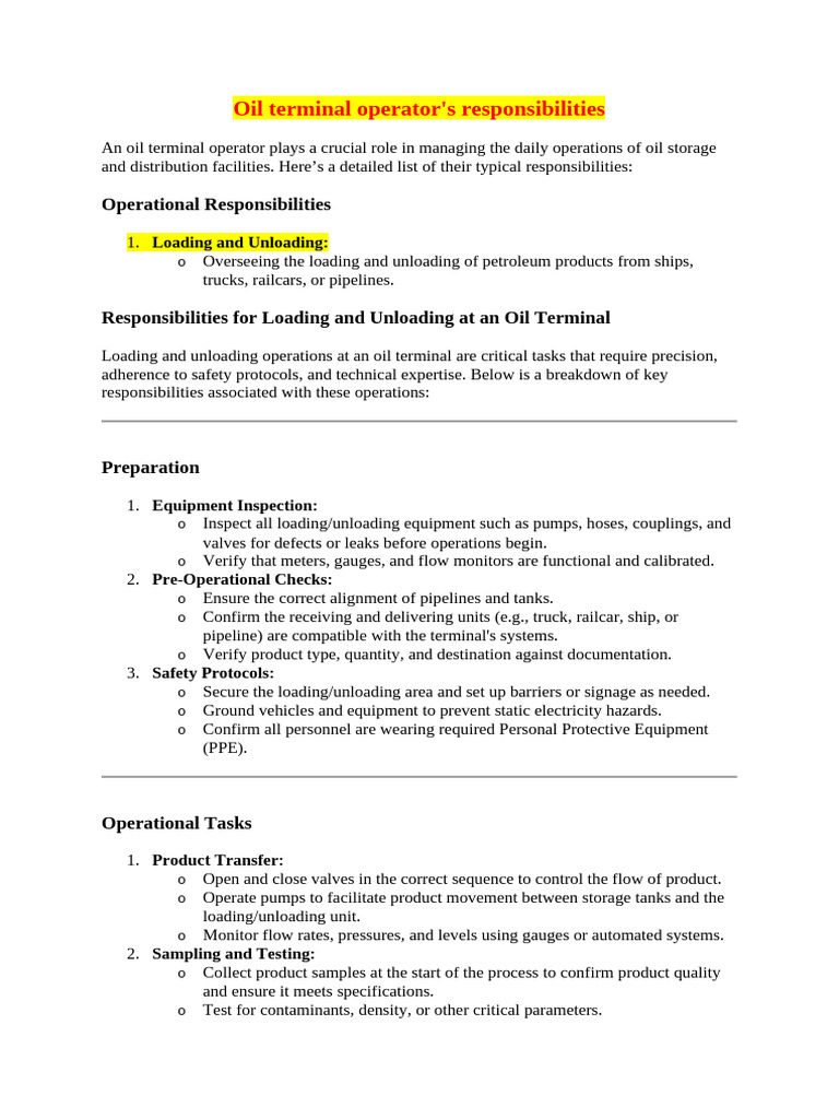 Oil Terminal Operator Responsibilities Guide | PDF | Pump | Valve