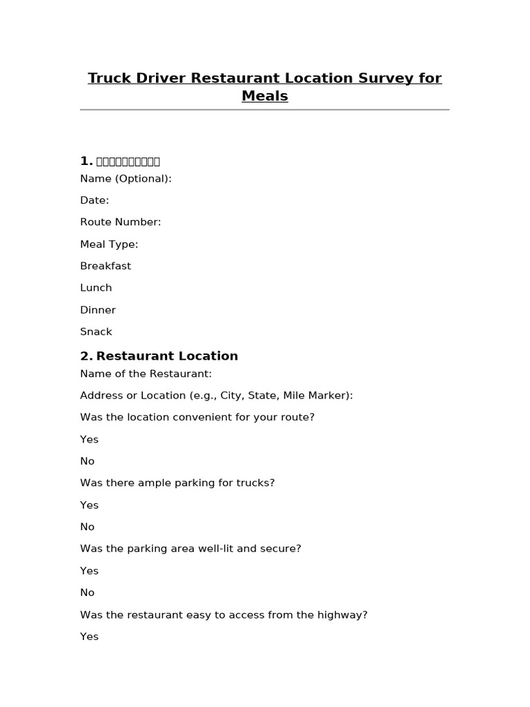 Truck Driver Restaurant Survey Form | PDF