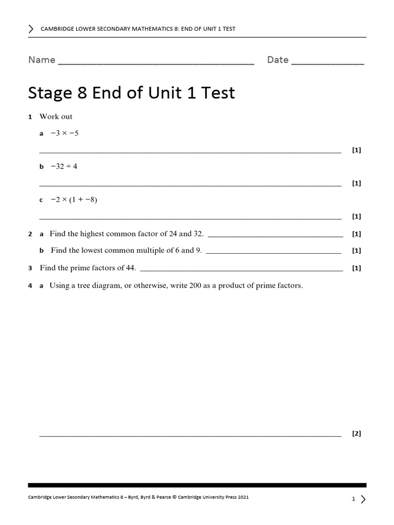 End of Unit 1 Test: Maths Stage 8 | PDF | Number Theory | Elementary ...