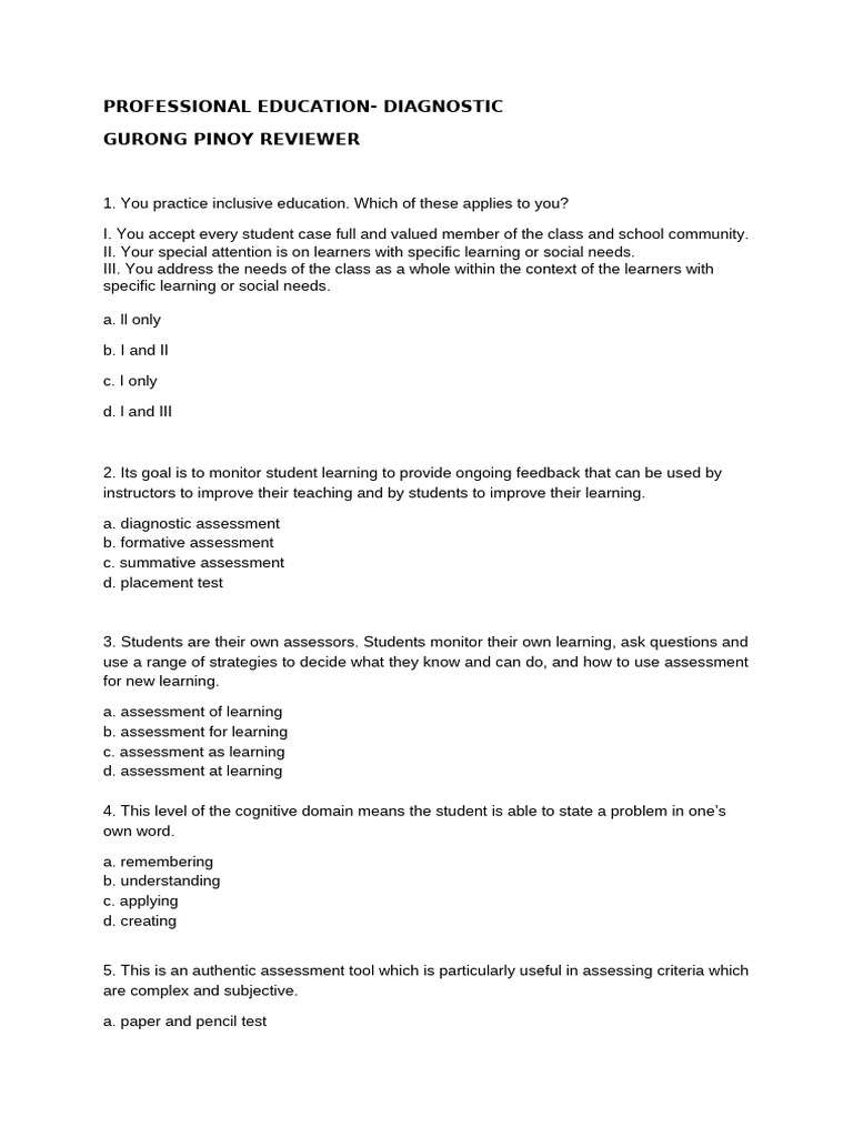 Prof Ed - Questionnaire - GP - Diagnostic Test - Gurong Pinoy | PDF ...