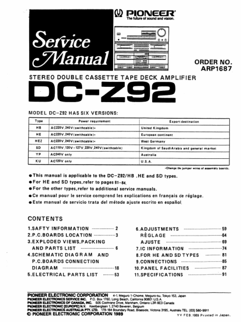 Pioneer Dc-z92 Stereo Double Cassette Tape Deck Amplifier | PDF