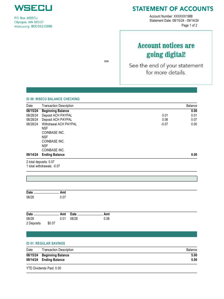 WSECU Checking Account Statement Summary | PDF | Credit Card | Payments