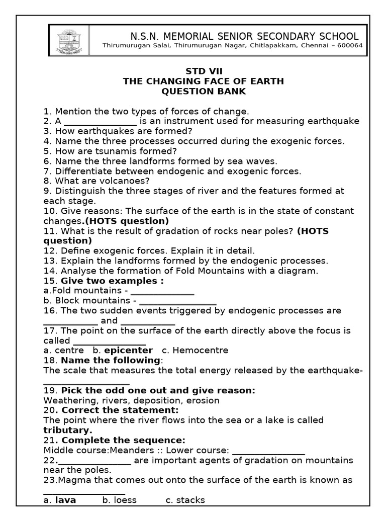 STD VII - QB - The Changing Face of Earth | PDF | Earthquakes | Volcano