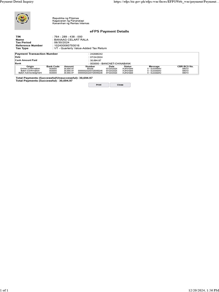 eFPS VAT Payment Confirmation Details | PDF