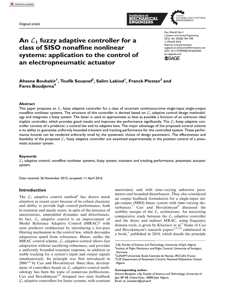 An L1 Fuzzy Adaptive Controller For A Class of SISO Nonaffine Nonlinear ...