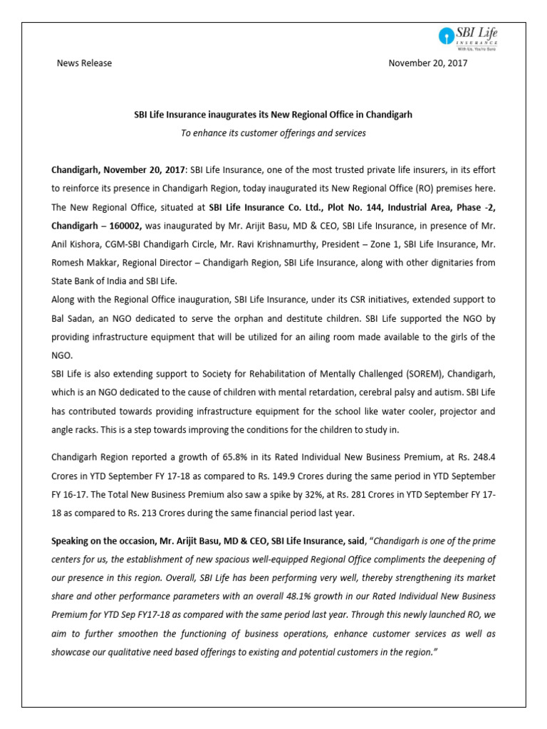Press+Release+ +Chandigarh+RO+Inauguration | PDF | Stock Market | Insurance