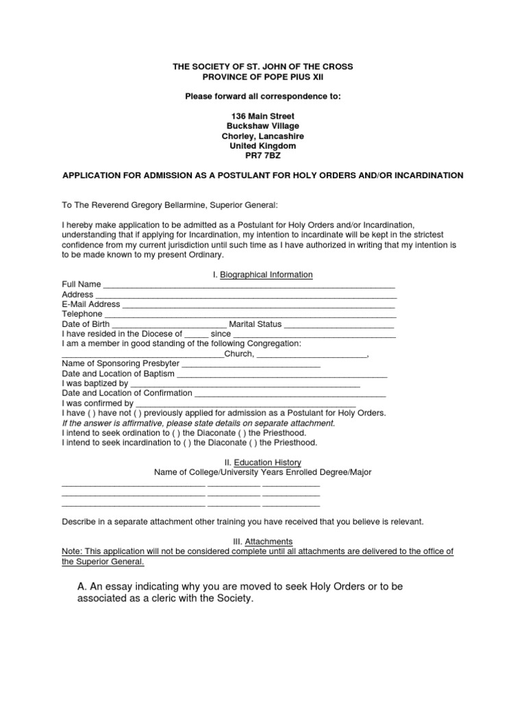 Application For Postulancy - UK Province | PDF | Deacon | Confidentiality
