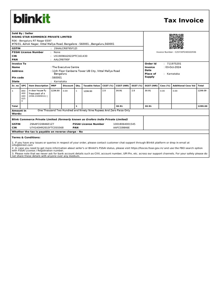 Blinkit Invoice from Rising Star Commerce | PDF | Taxes | Payments
