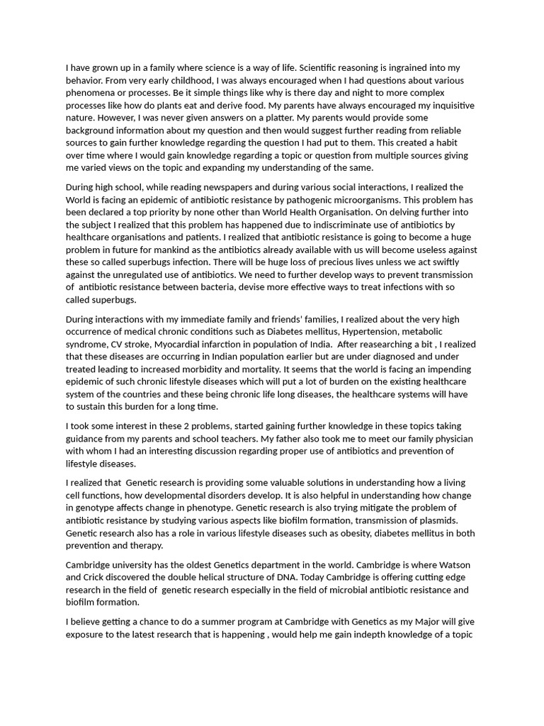 Dev Personal Statement | PDF | Antimicrobial Resistance | Genetics